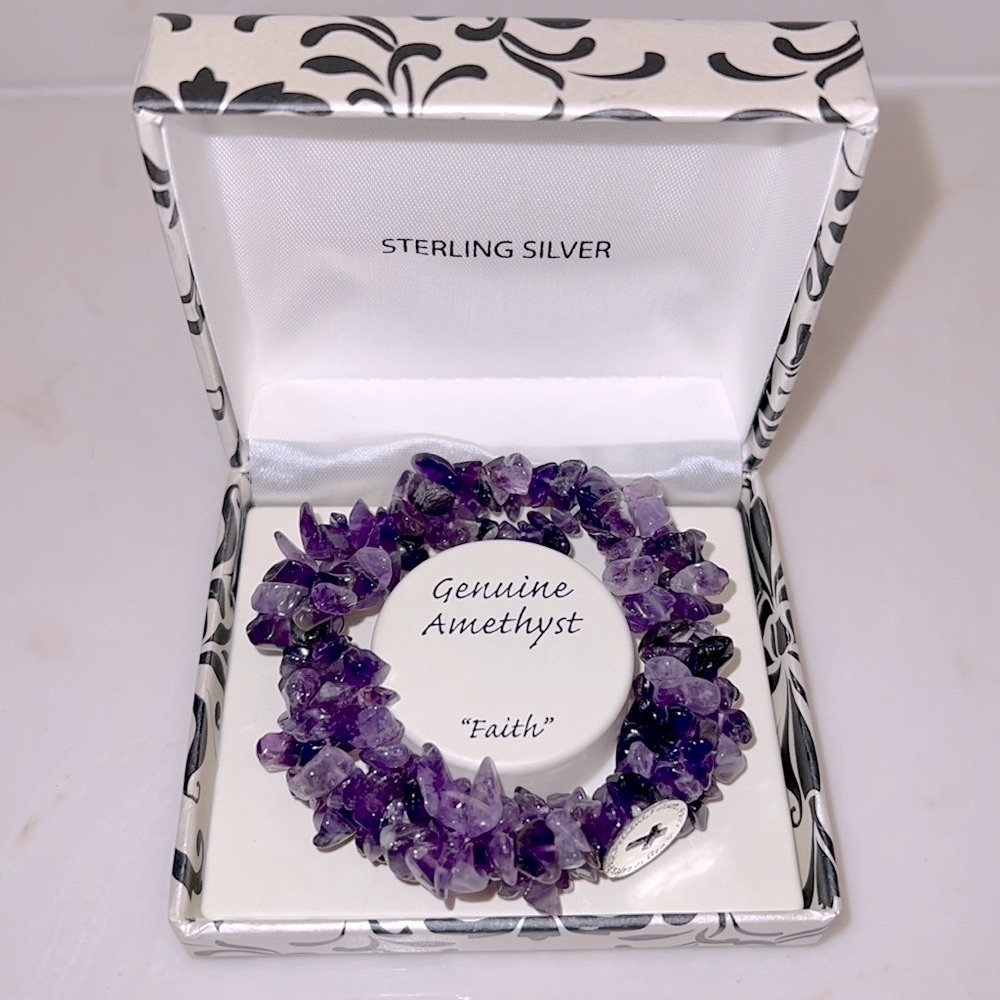 🆕 Genuine Amethyst Beaded Sterling Silver Faith Bracelet